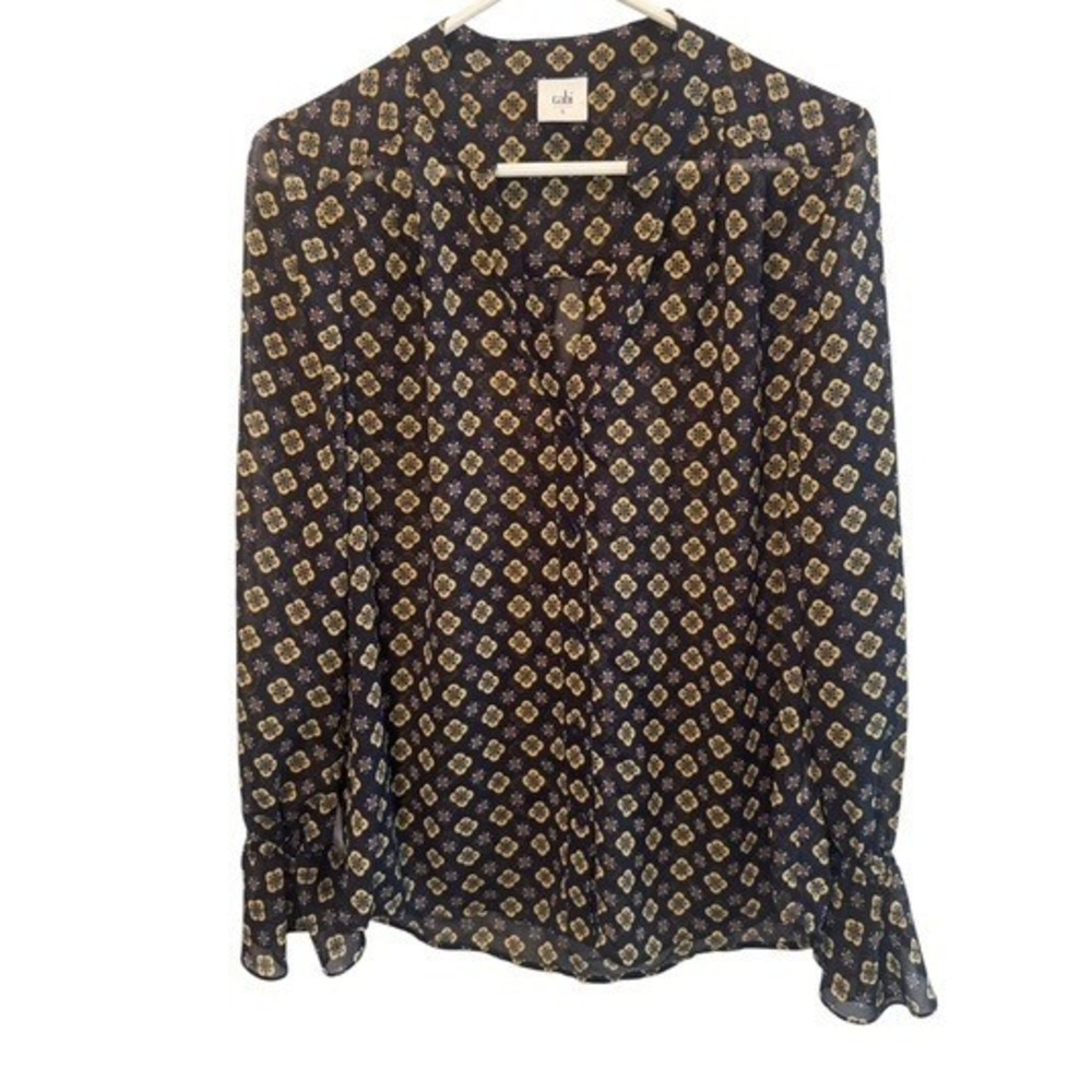 Cabi Womens Mosaic Blue Yellow Geometric Medallion Semi Sheer Top S Peasant Boho